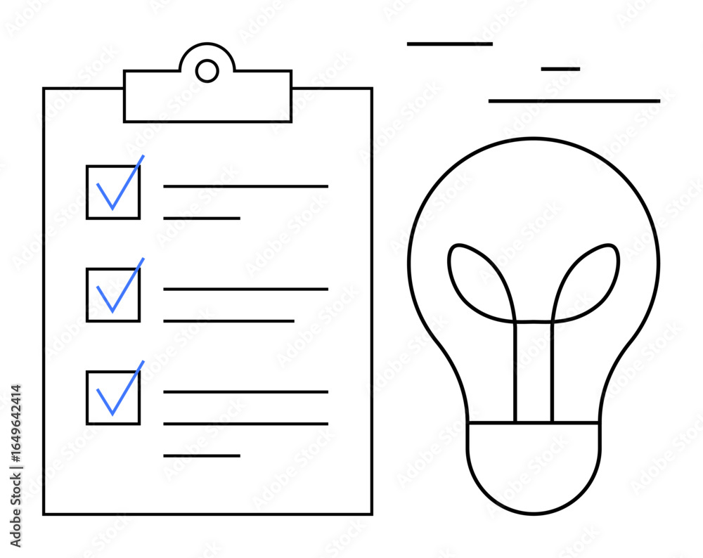 Poster clipboard checklist with checkmarks represents task completion, paired with a light bulb symbolizing