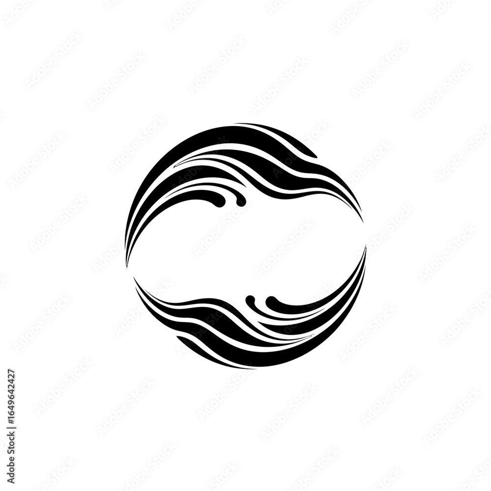 Poster circular design with flowing black lines and swirls on a white background