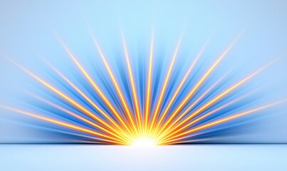Obraz premium Radiant Burst. Bright yellow-orange light streaks emanate upwards in a semi-circular burst against a pale blue backdrop, creating a sense of energy and emerging light from a hidden source