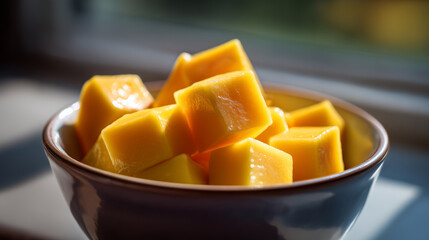 Mango Cubes in a Ceramic Bowl. Ai gen.
