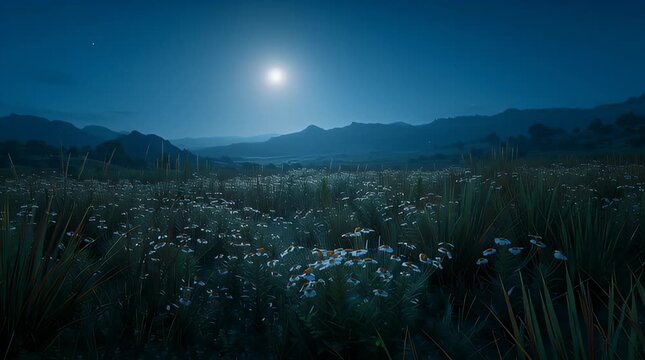 A moonlit plain filled with wild plants and distant hills fading into the night, bathed in cool blue light under a clear full moon