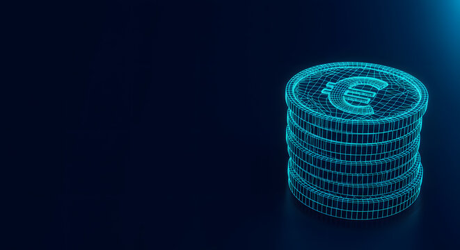 Stacked digital euro coins in neon blue against dark background  