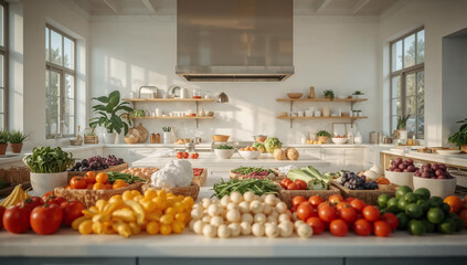 Photo of a bright and spacious kitchen filled with an assortment of fresh fruits and vegetables on the counter