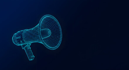 3D wireframe illustration of megaphone in blue tones  