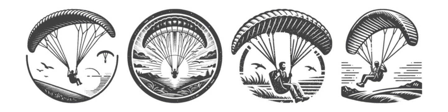 Vintage Hand-Drawn Paraglider with Birds Illustration, Adventure Sport Engraved Vector for Travel and T-Shirt Design