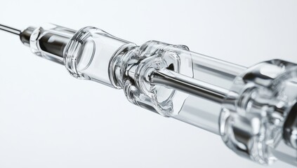 Close-up of a transparent medical syringe.  Clear glass syringe, needle, and components are highlighted against a light gray background.  The internal workings are visible