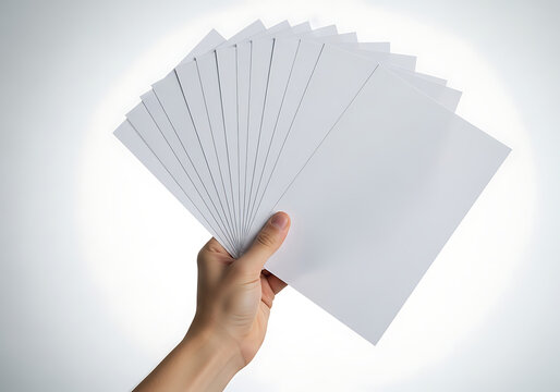Hand Holding Fan of White Paper Sheets Office Business and Stationery Concept on White Background