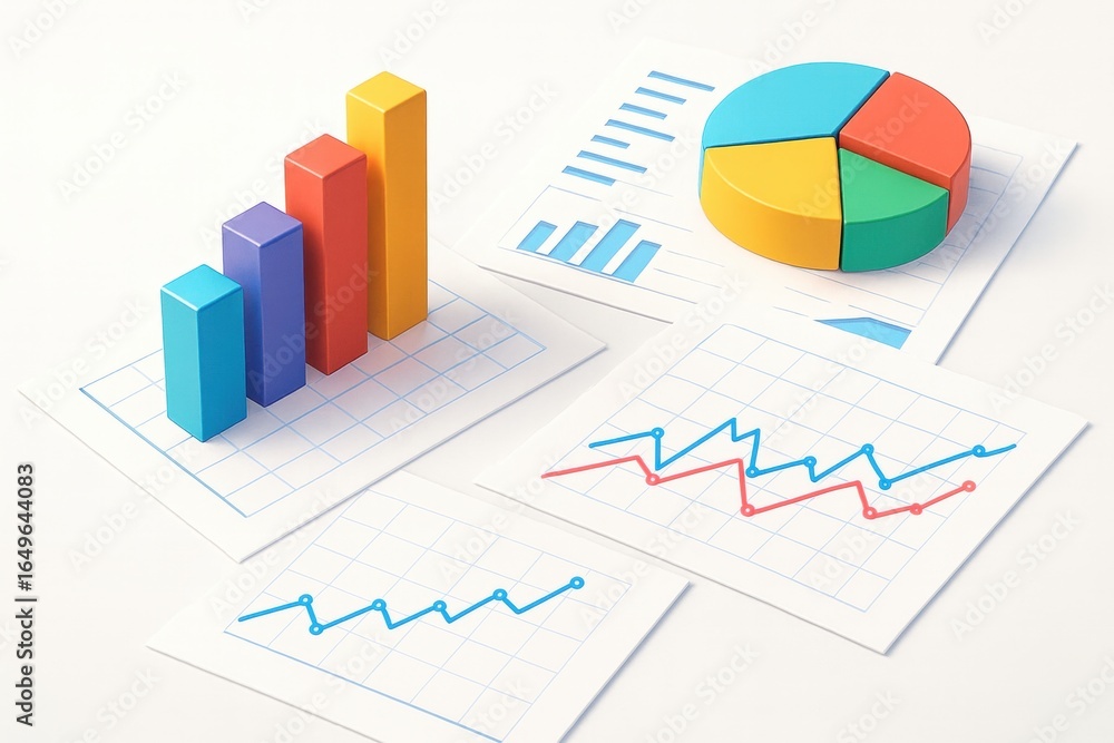 Poster data-driven insights: an array of colorful charts, including bar graphs and pie charts, visualizes d