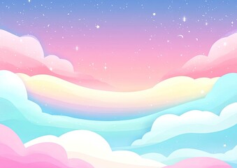 Pastel cloudscape with a starry night sky.  Soft, colorful clouds in shades of pink, purple, blue, and yellow, layered to create depth, and scattered stars.  