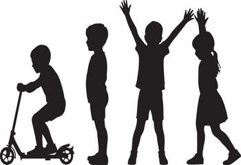 Children silhouettes playing and riding scooter on white background Keywords: child, silhouette, kid