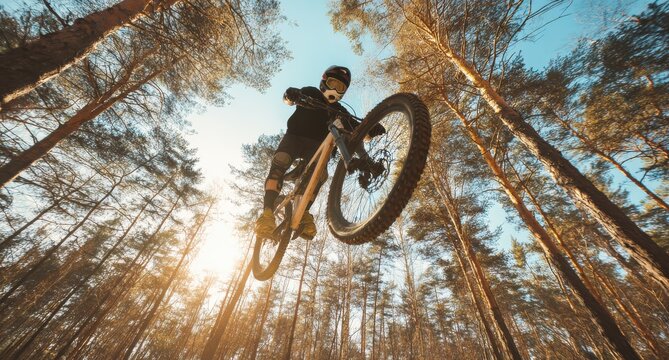 A mountain biker performing a jump high in the air, surrounded by tall trees. - Powered by Adobe