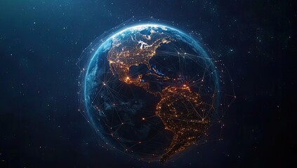 Earth, networked, cosmic.  Night view of Earth, dotted with city lights, interconnected by digital lines