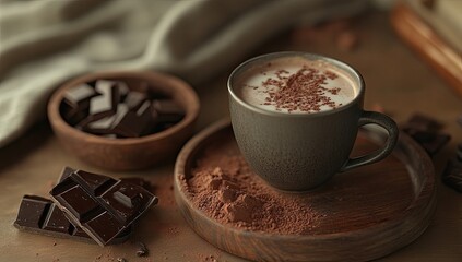 Dark chocolate hot drink, warm, cozy, on a wooden surface.  A dark grey mug filled with a frothy hot chocolate drink, topped with cocoa powder, sits on a small wooden coaster.