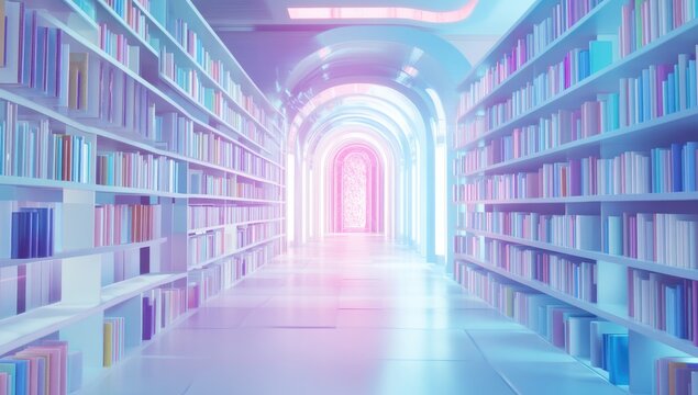 A futuristic library corridor, bathed in pastel light.  Shelves of books line both sides, creating a tunnel effect