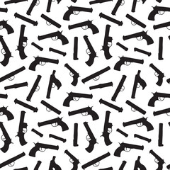 Repeating pattern of black pistol and bullet silhouettes on a white background Keywords: pistol, gun