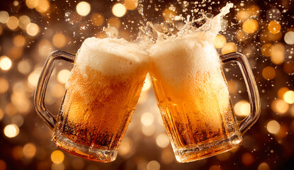 Two mugs of beer clinking together, their foam and bubbles creating an atmosphere of celebration against a background of sparkling lights.