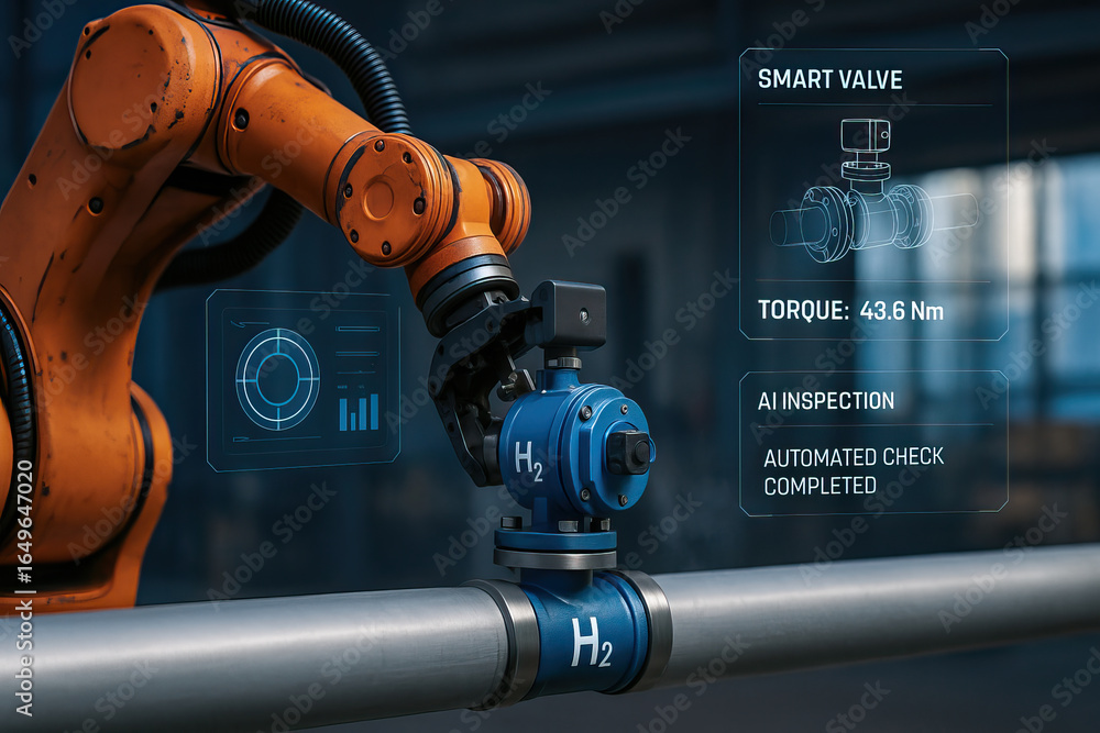 Poster smart robotic arm inspecting blue hydrogen valve on metal pipeline with ai interface showing torque 