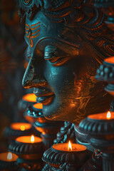 Obraz premium Bronze Lord Shiva Statue Lit by Traditional Oil Lamps at Night