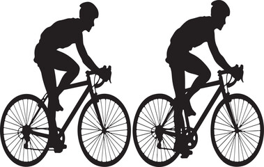 Fototapeta premium Two cyclists in silhouette riding road bikes on white background Keywords: cyclist, silhouette, cycling