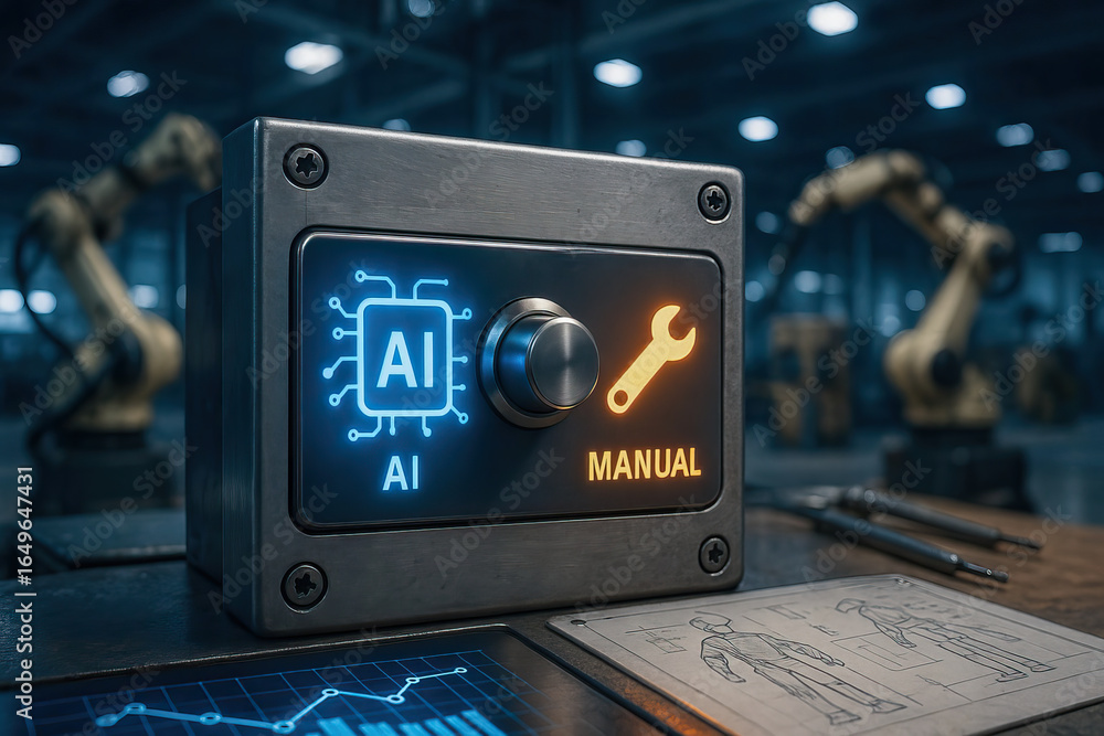 Poster ai technology control panel with manual override option, industrial robotic arms in background, futu