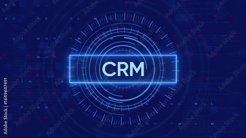 Poster digital crm technology displayed on futuristic animated interface in blue