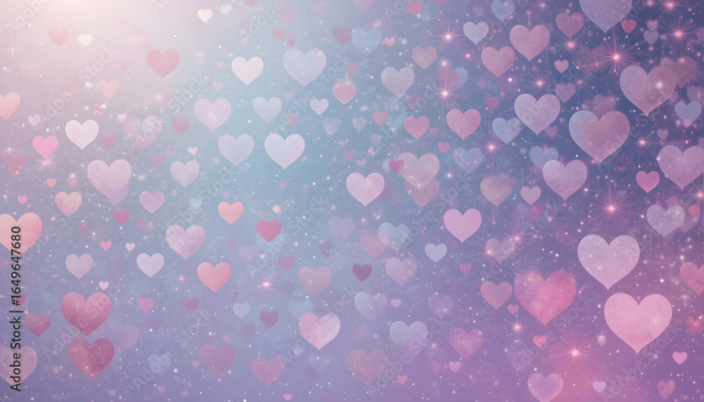 Poster colorful heart shapes on a soft gradient background with sparkles