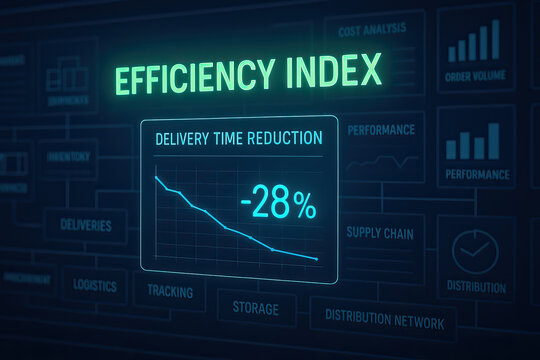 Efficiency index with delivery time reduction graph showing 28 percent decrease, surrounded by logistics, supply chain, and performance data in digital interface