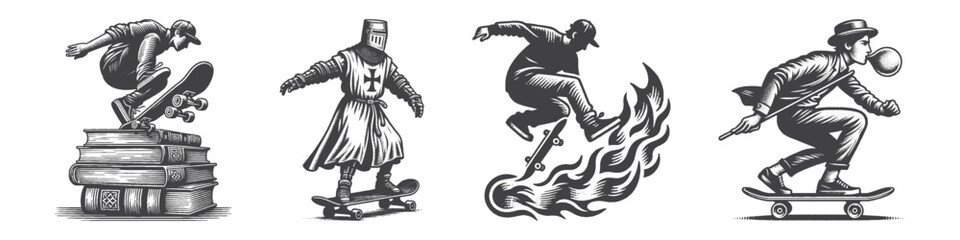 Fototapeta premium Vintage Hand-Drawn Skateboarder With Fire Flame Illustration, Urban Sports Engraved Vector for Skateboarding and T-Shirt Design