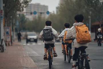 Students riding bicycles in the city