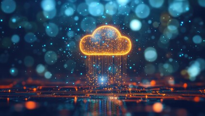 Abstract cloud icon with digital rain.  A glowing orange cloud icon, composed of  sparkling particles, sits over a dark, glowing circuit board.  A digital rain effect streams from the cloud. 