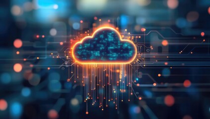 Cloud computing icon, glowing with digital data streams