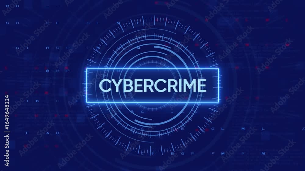 Poster cybercrime concept with futuristic digital interface and code display on a blue background