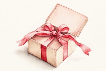 Obraz premium Watercolor illustration of an open gift box with a pink ribbon