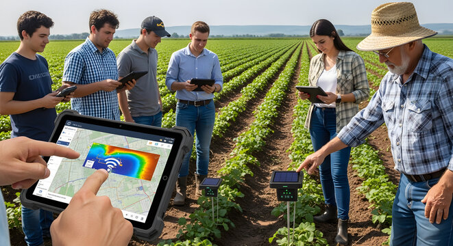 A group of people in agricultural field using digital technology. The photo presents a modern approach to farming using a tablet to monitor crops 