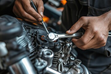 Mechanic repairing a motorcycle engine using a wrench and a screwdriver