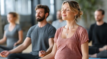 Pregnant woman and partner attending prenatal class practicing breathing exercises with calm instructor