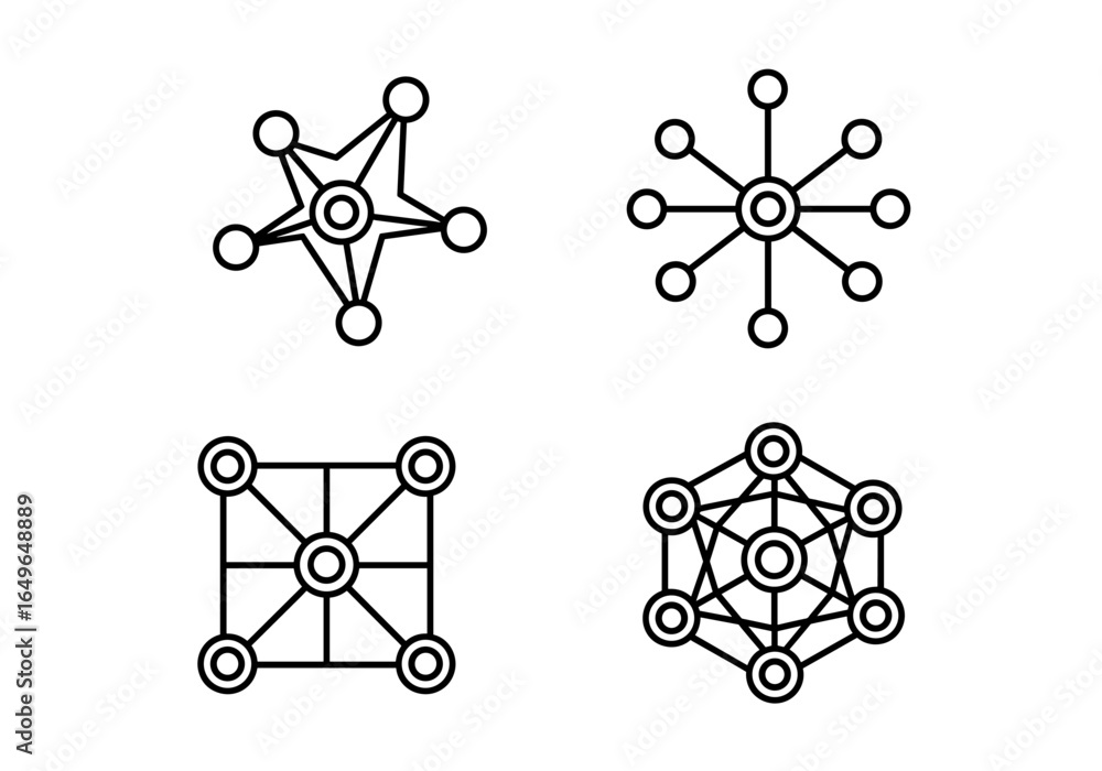 Poster Collection of four geometric network diagrams with circles and lines in a line art style design format