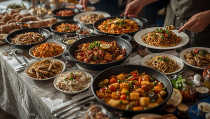 Obraz premium Photo of a diverse buffet spread showcases a variety of delicious dishes perfect for a celebratory event with friends and family