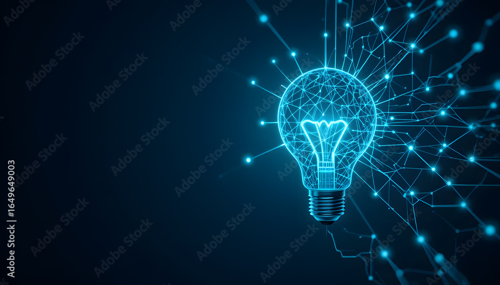 Poster light bulb in plexus style with blue and green technological colors