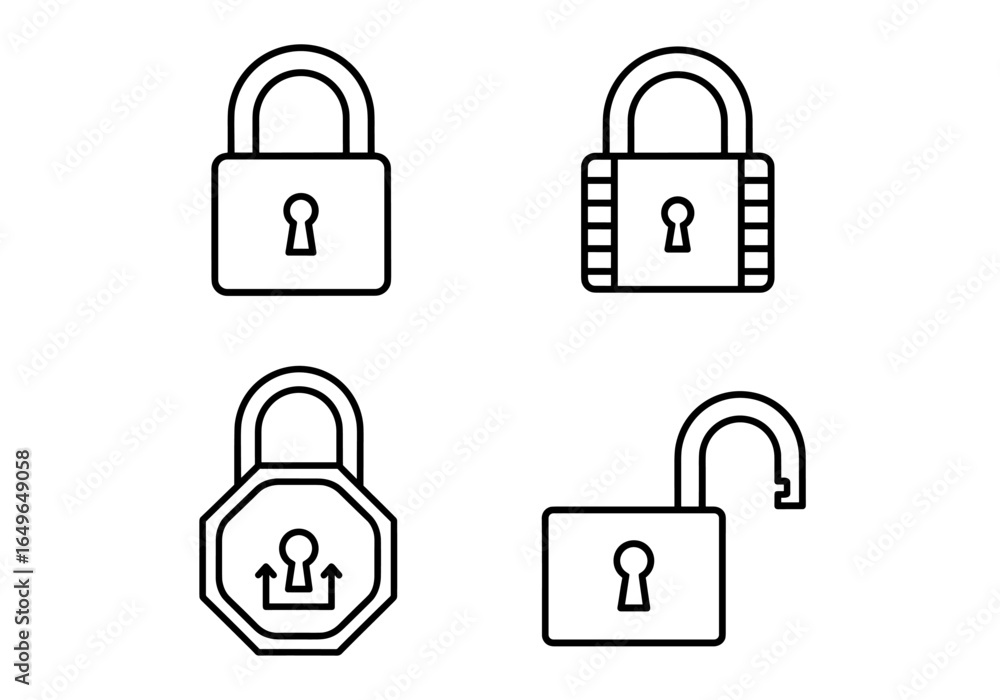 Poster illustration showcasing four distinct padlock designs in a clear and concise outline style format