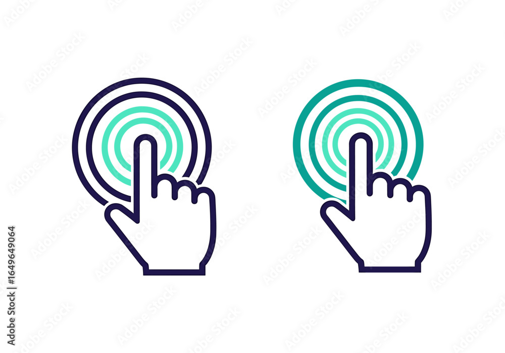 Poster two finger touch icons with concentric circles and white hands in a digital interface element design