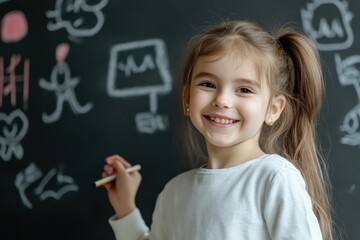 Cheerful preschool girl drawing on blackboard and smiling at camera