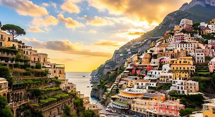 Picturesque positano village on the amalfi coast at sunset with stunning views