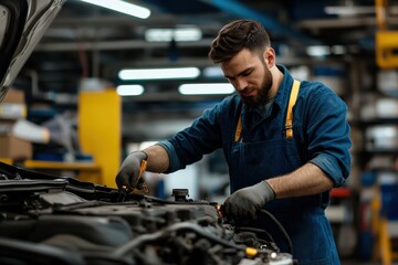 Mechanic repairing car engine in auto repair shop
