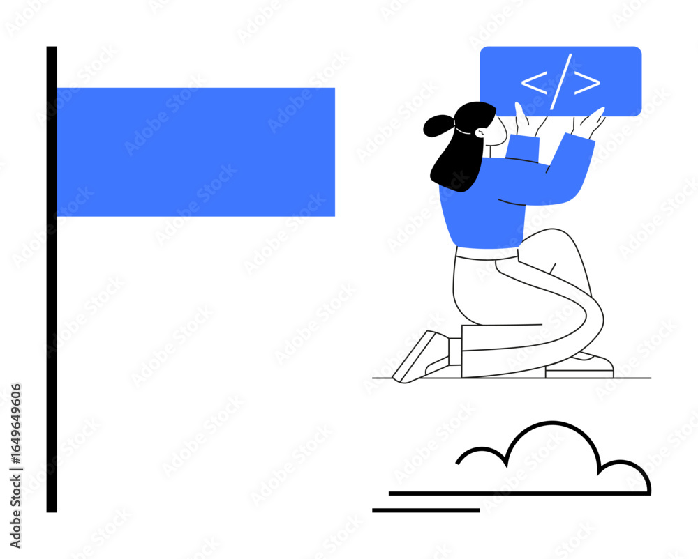Poster woman typing on a code screen while kneeling, surrounded by minimalistic flag and cloud design. idea