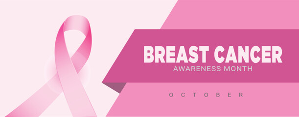 Breast cancer awareness horizontal banner design. Line art style feminine pink ribbon design vector graphic illustration