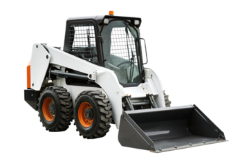 White skid steer loader with orange accents isolated on a transparent background