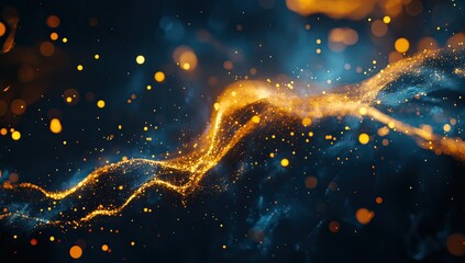 Abstract swirling streams of golden particles against a dark background