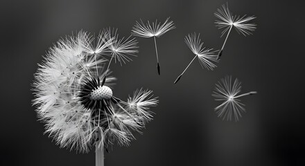 A black and white photograph of a dandelion with seeds blowing away in the dark background space