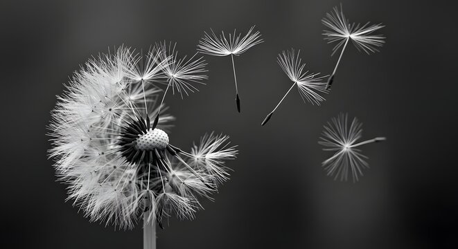 A black and white photograph of a dandelion with seeds blowing away in the dark background space